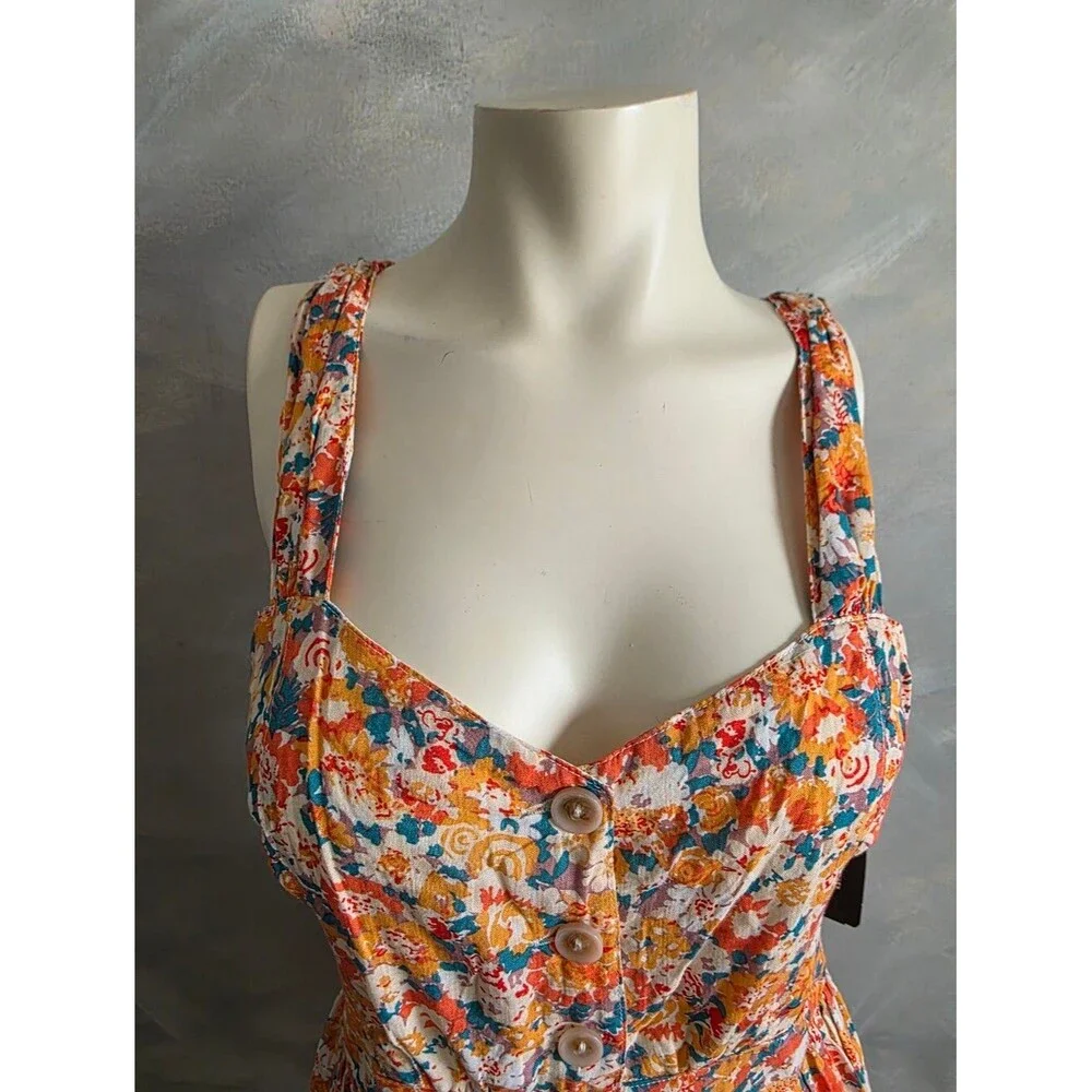 Forever 21 Orange Blue Floral Fit Flare Mini Dress Button Down Lined Sz L NWT